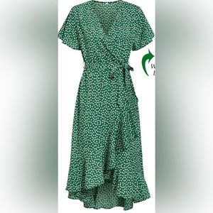 Green with white flower pattern wrap dress. Says it’s a Large but fits like XL